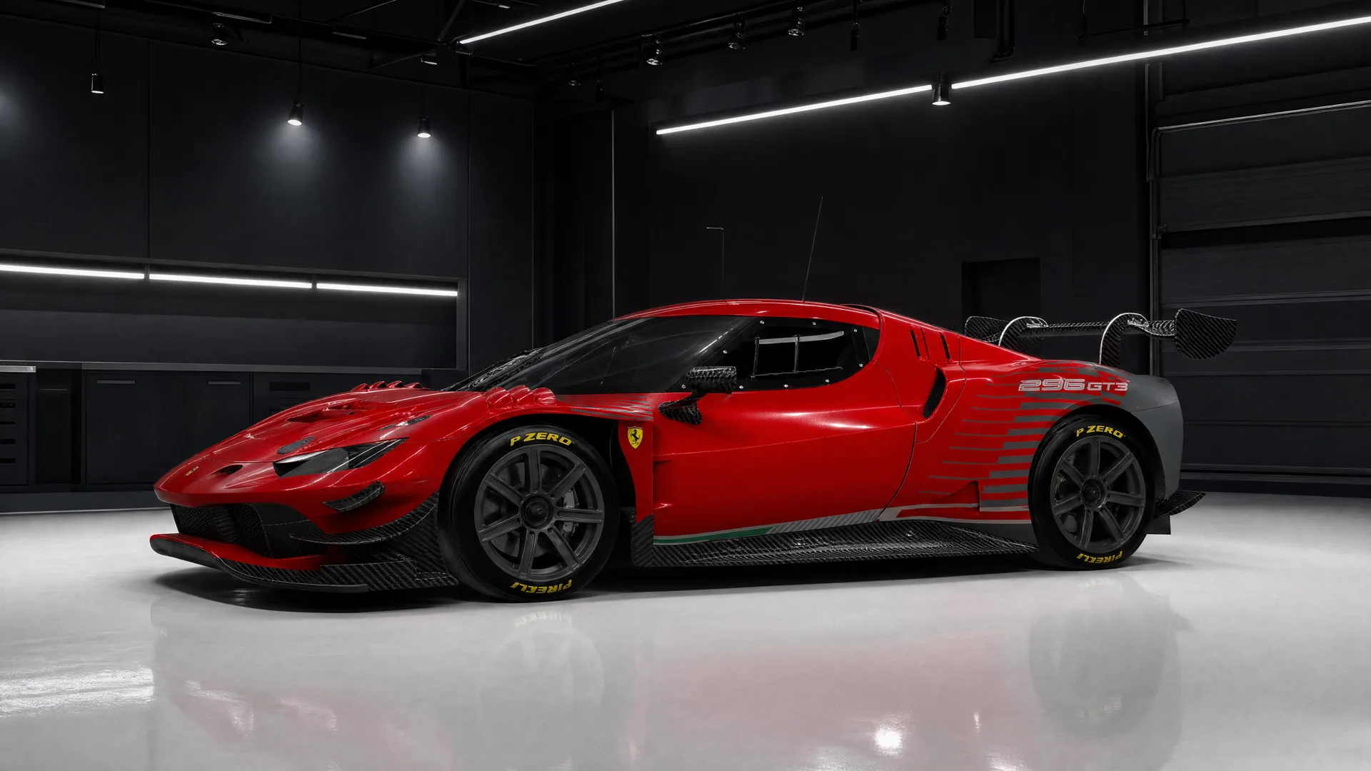 Ferrari 296 GT3 conversion — side profile in the NorthSea Dynamics studio