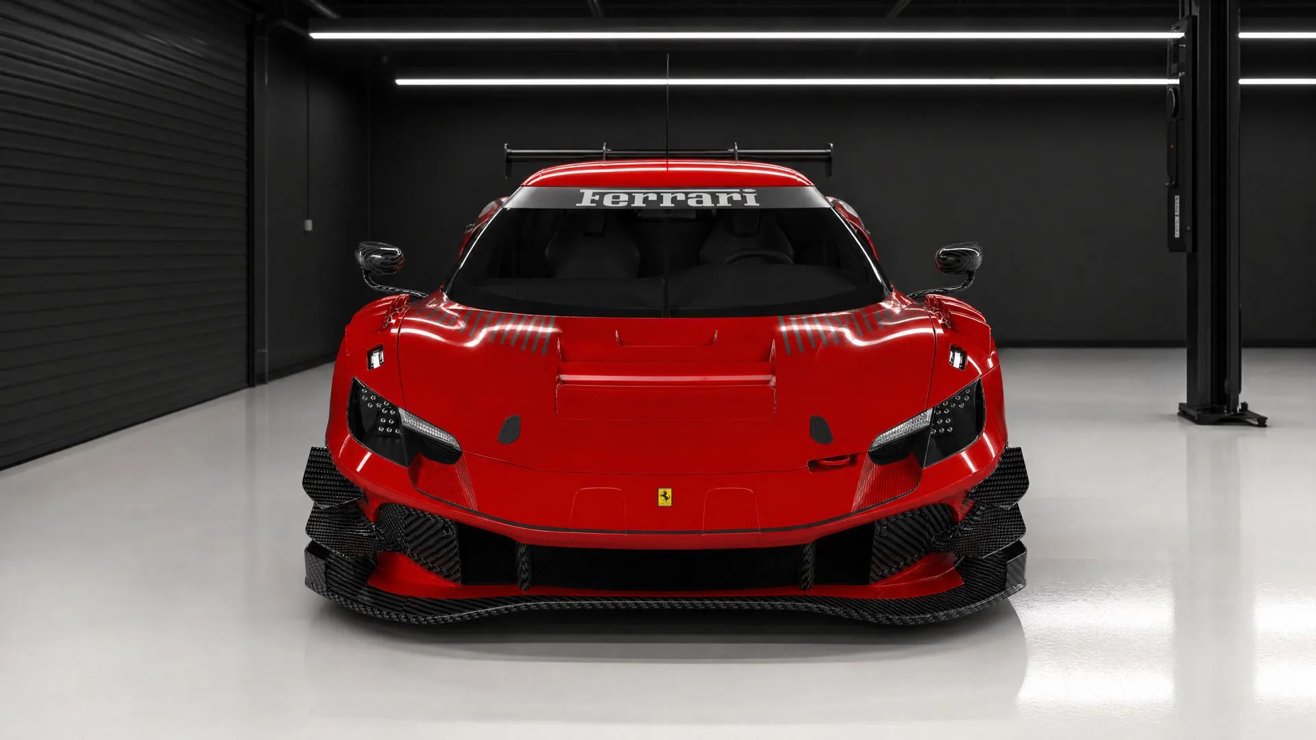 Ferrari 296 GT3 conversion — front view in the NorthSea Dynamics studio