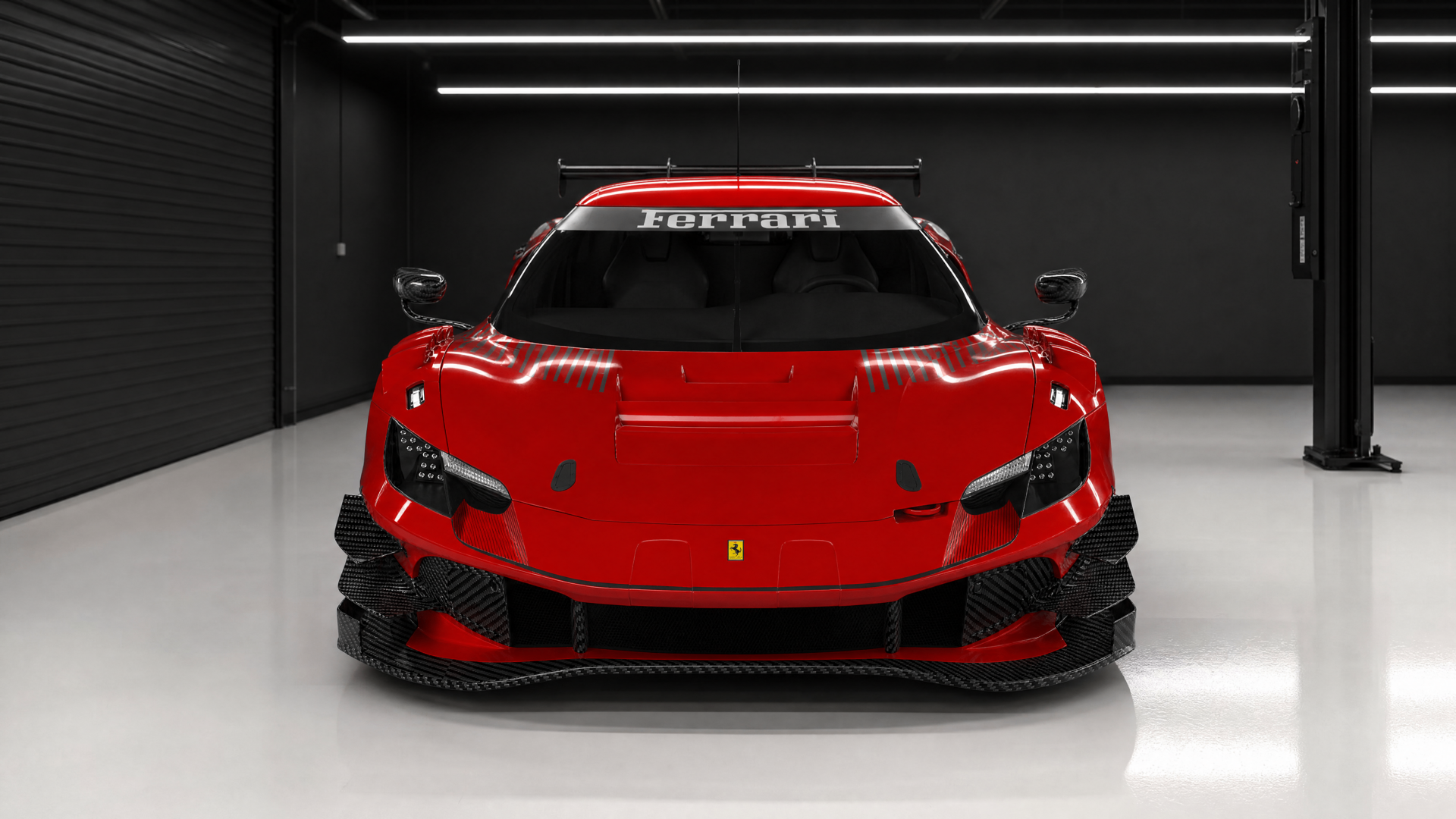 Ferrari 296 GT3 conversion — front view in the NorthSea Dynamics studio