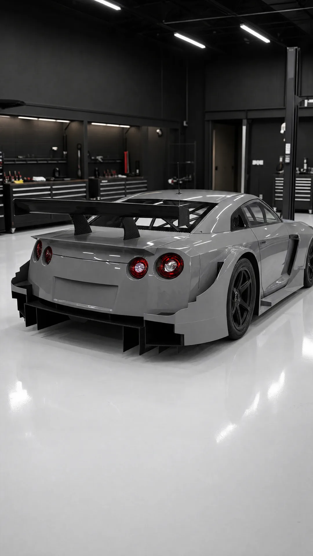 Nissan GT-R GT500 conversion — rear three-quarter view showing the swan-neck wing and diffuser