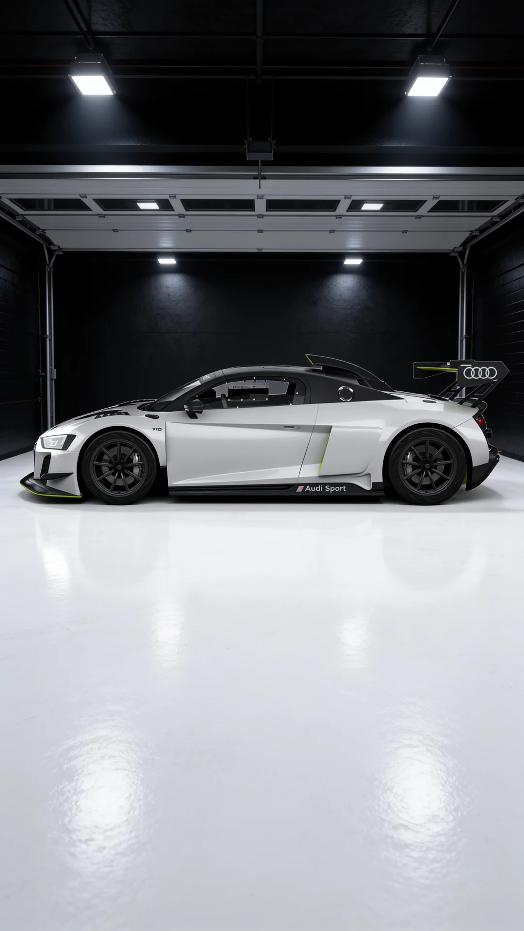 Audi R8 GT2 — full side profile in the studio showing widebody and swan-neck wing