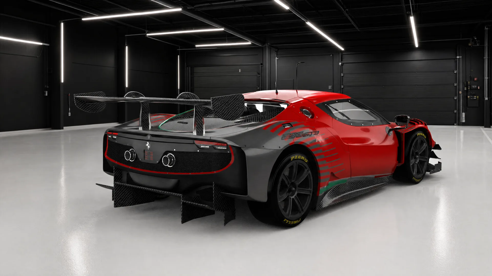 Ferrari 296 GT3 conversion — rear three-quarter view showing the carbon swan-neck wing