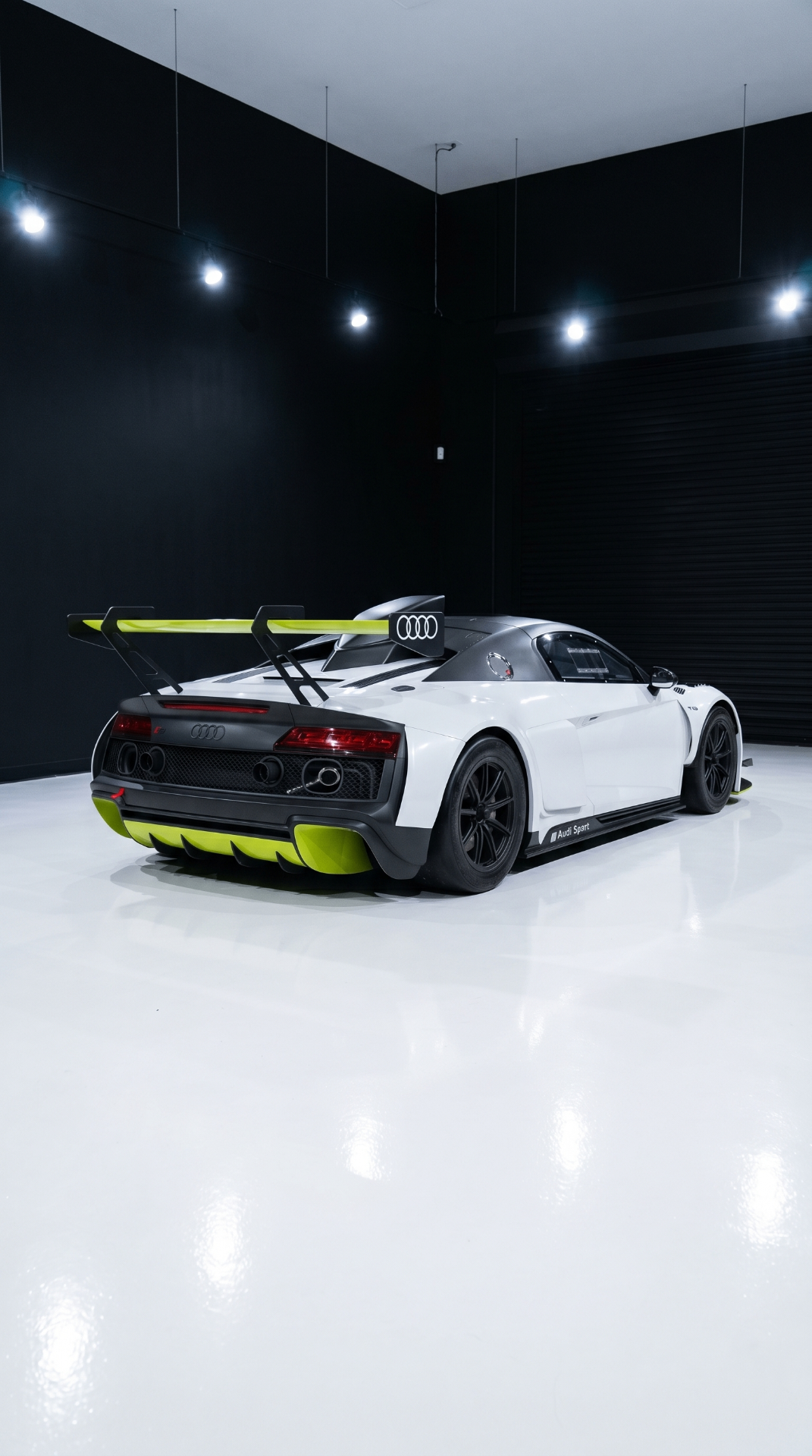 Audi R8 GT2 — rear view showing the swan-neck wing and lime diffuser