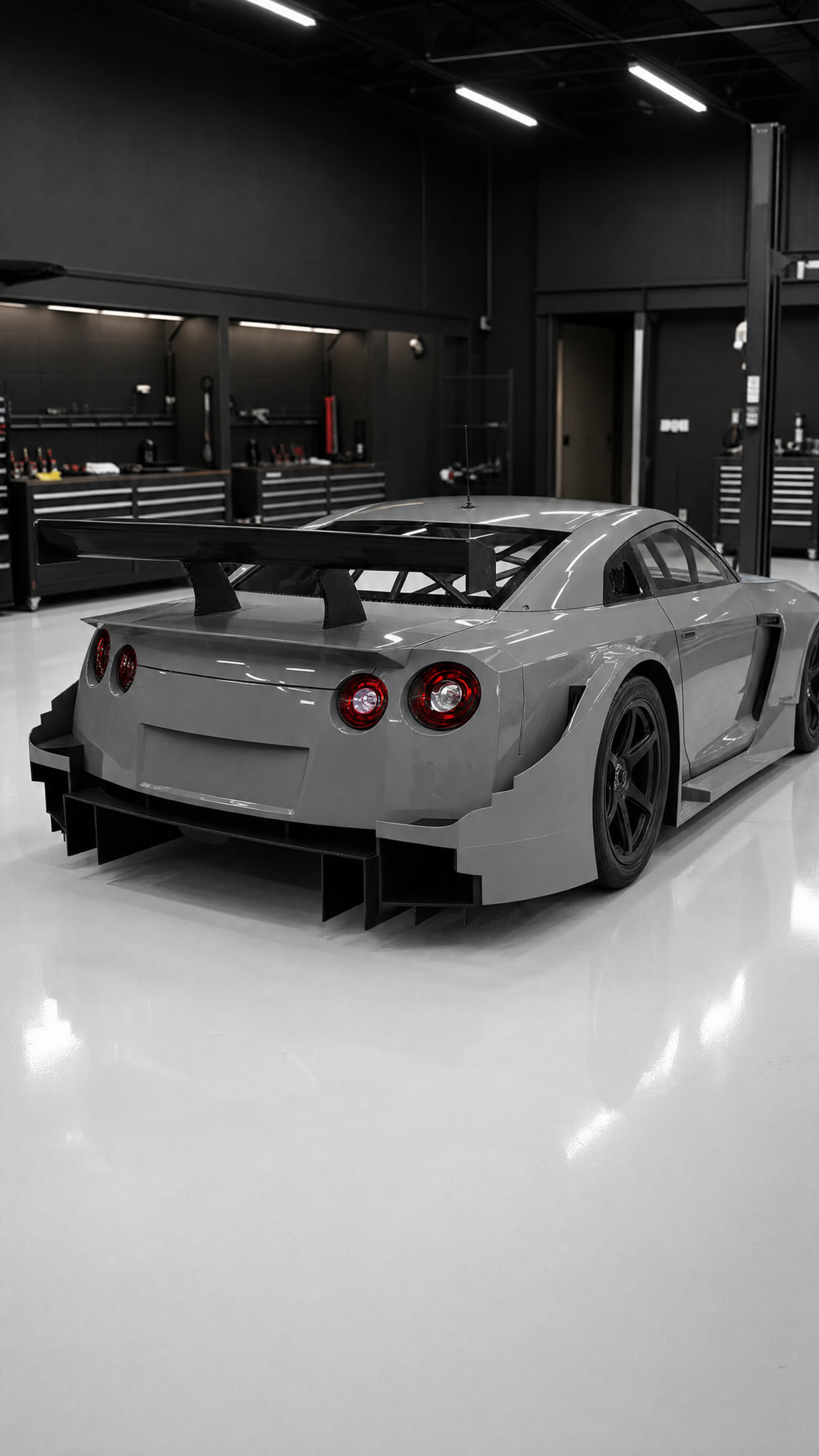 Nissan GT-R GT500 conversion — rear three-quarter view showing the swan-neck wing and diffuser