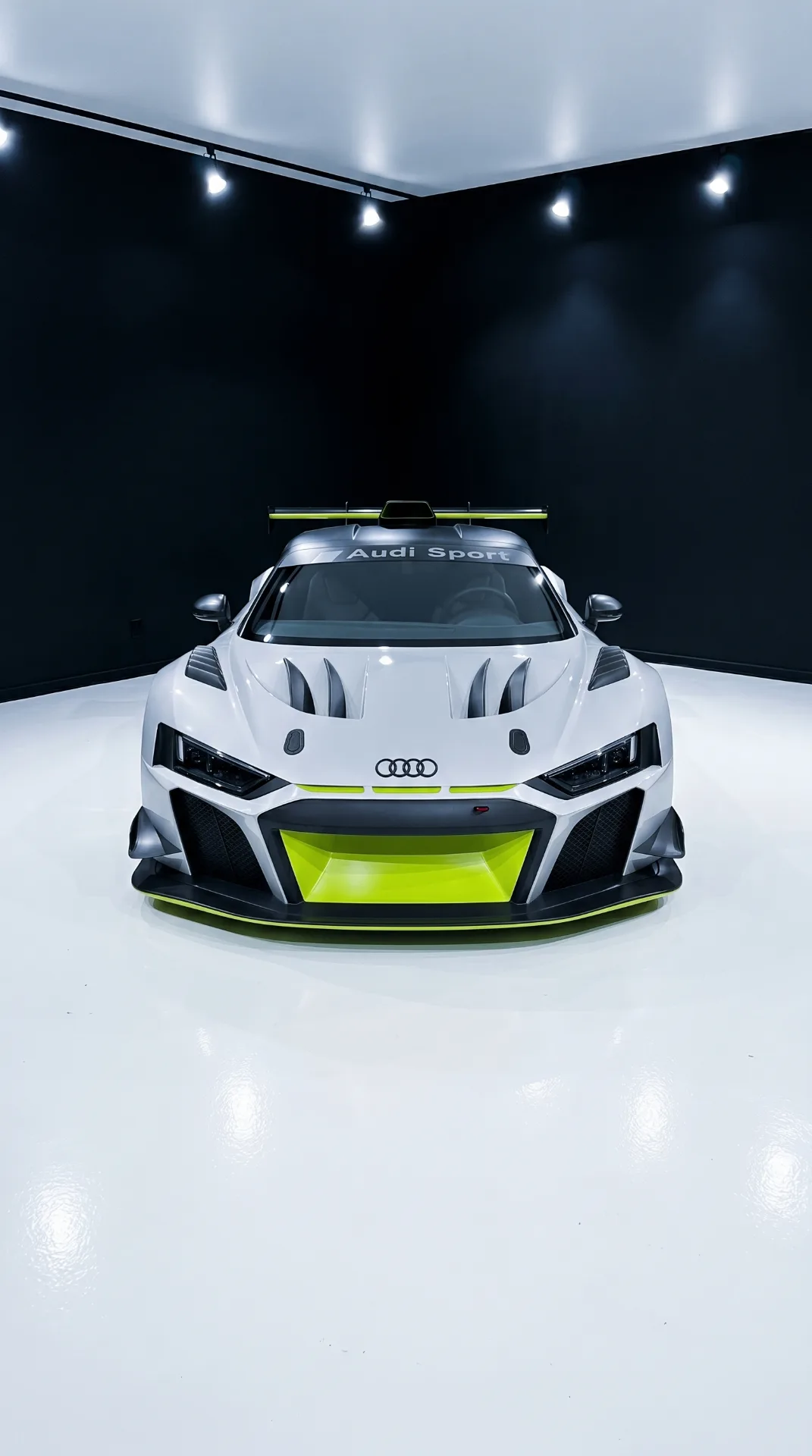 Audi R8 GT2 — head-on view showing canards, splitter, and hood louvres