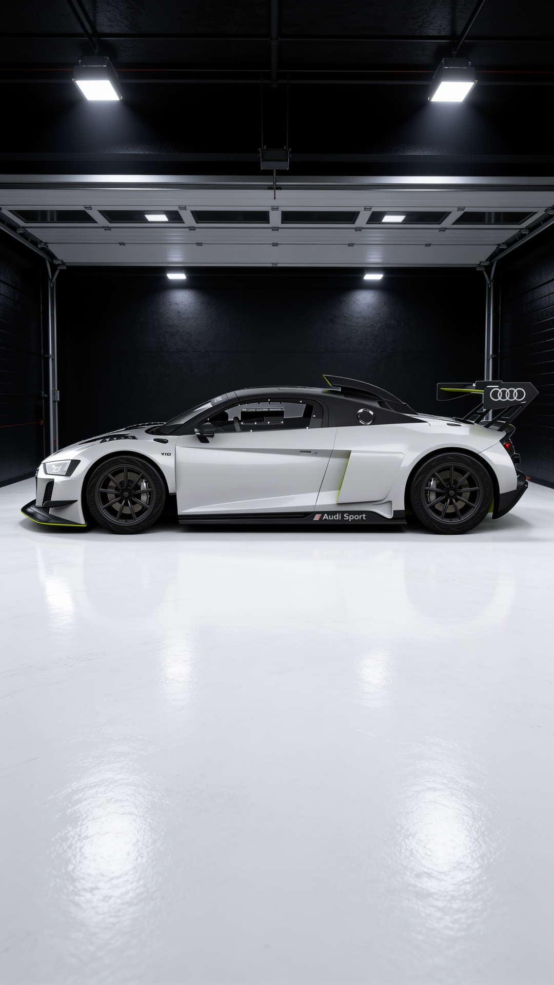 Audi R8 GT2 — full side profile in the studio showing widebody and swan-neck wing