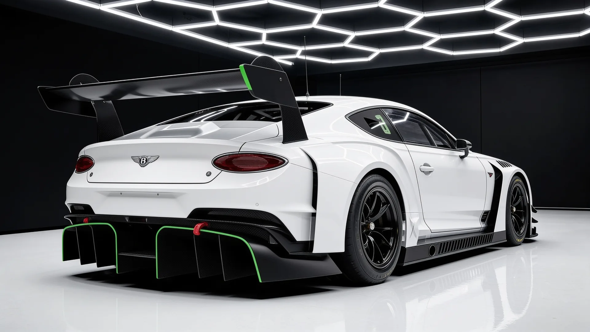 Bentley Continental GT3 conversion — rear three-quarter view showing swan-neck wing and green-accented diffuser
