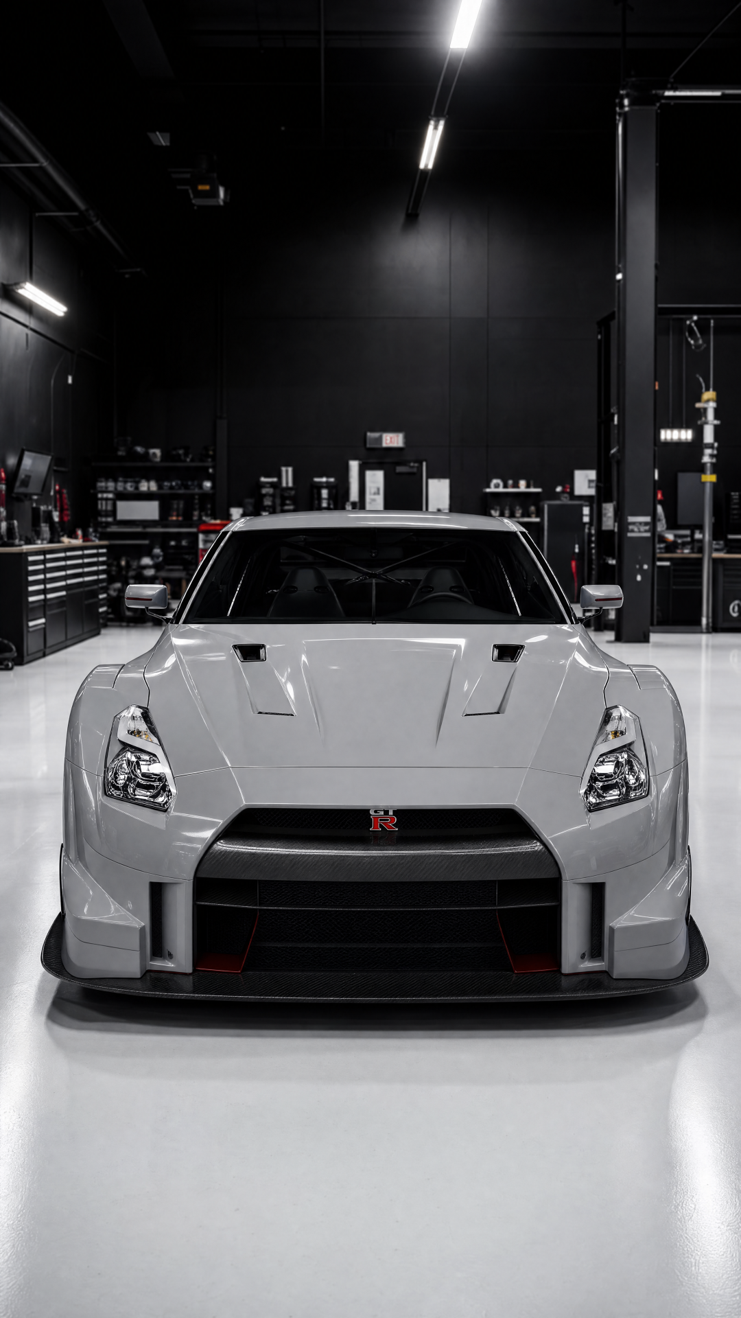 Nissan GT-R R35 with GT500-style bodywork — front view in the NorthSea Dynamics studio