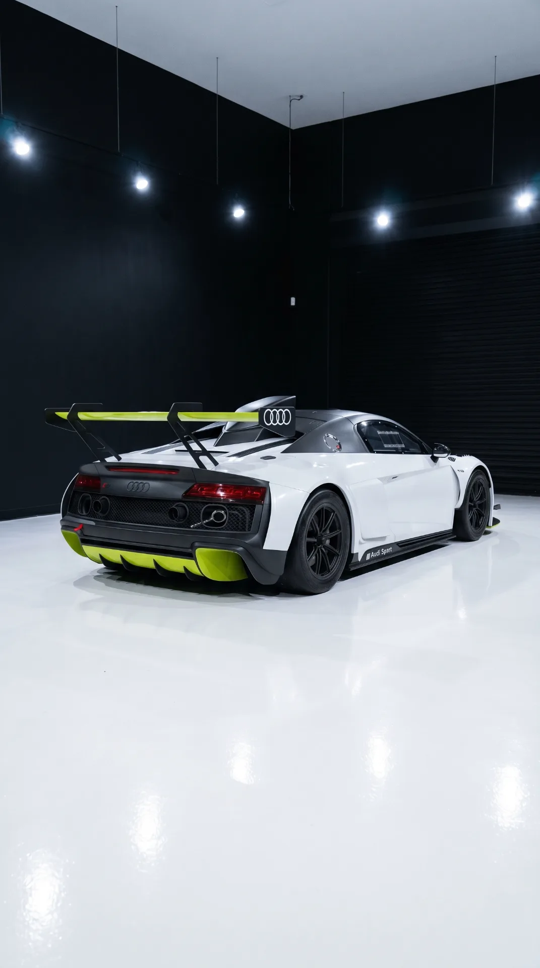 Audi R8 GT2 — rear view showing the swan-neck wing and lime diffuser