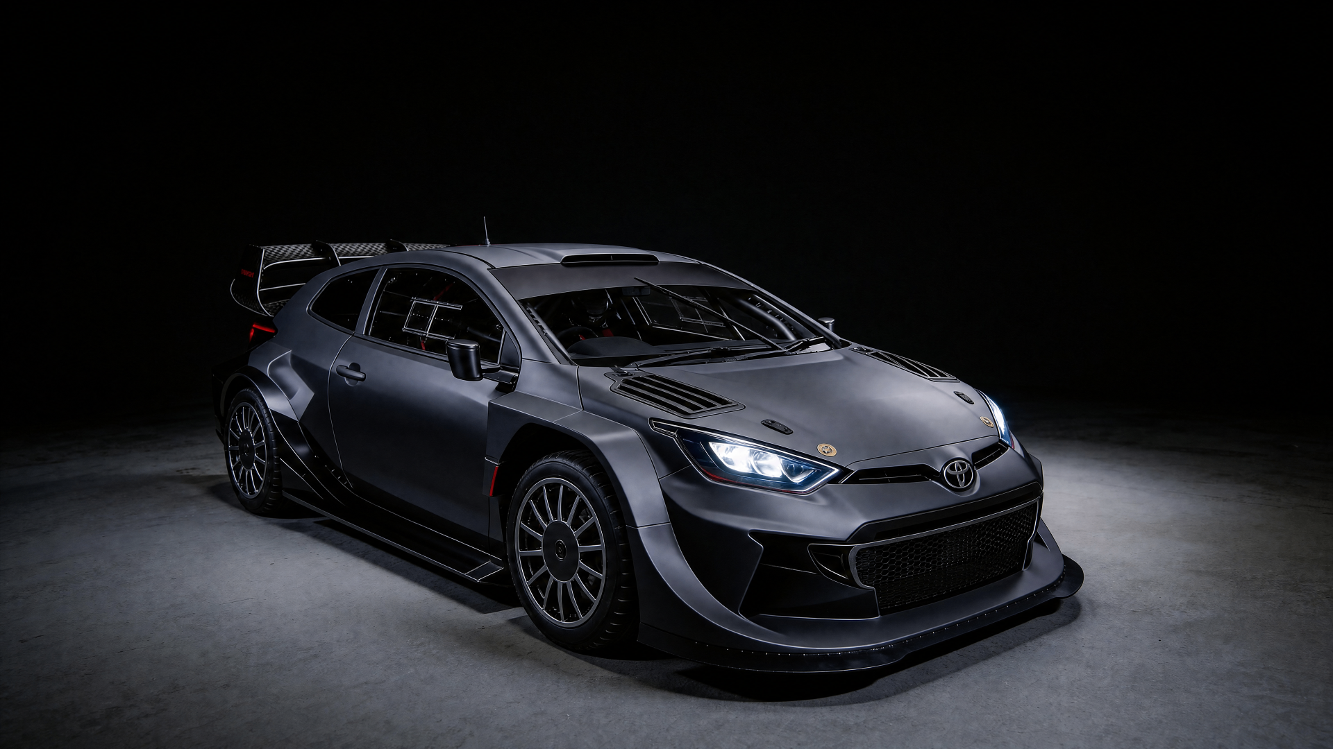 Toyota Yaris GR rally build — front three-quarter view in the NorthSea Dynamics studio