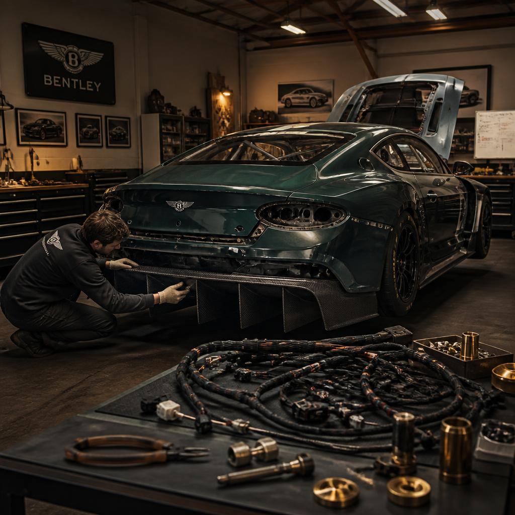 Dark green Bentley Continental GT with GT3 diffuser being aligned in the workshop