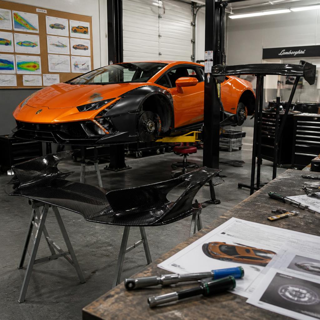 Orange Lamborghini Huracan on a lift with Super Trofeo bodywork and carbon rear wing
