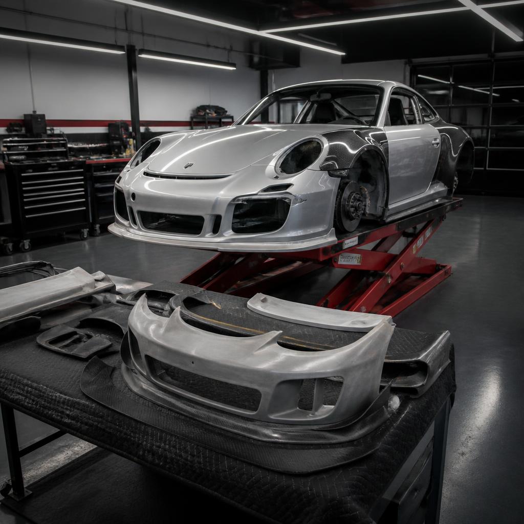 Porsche 911 on a scissor lift being fitted with 935/78 bodywork at the NorthSea Dynamics atelier